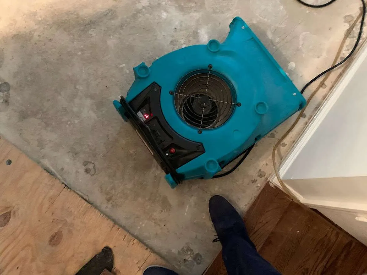 Air mover drying subfloor during Commercial Water Damage Restoration in Castaic